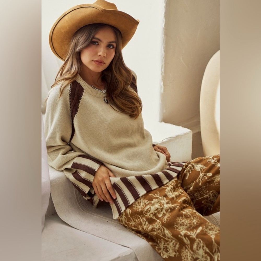 Cream & Brown Striped Relaxed Fit Knit Sweater Western Boho Cozy Knit